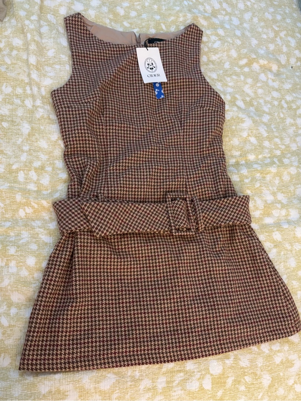 Cider Brown Houndstooth Belted Dress